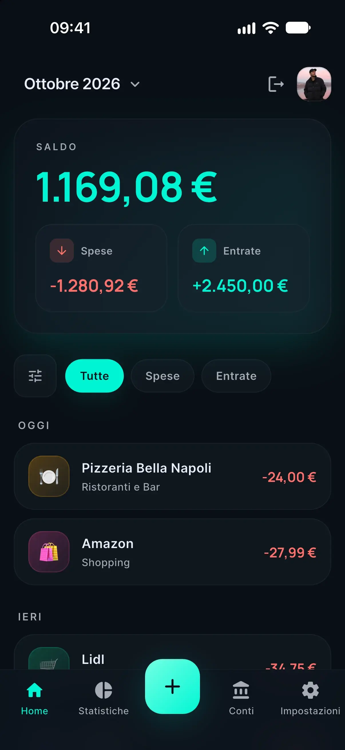 Home di Dispendo con saldo, spese ed entrate del mese